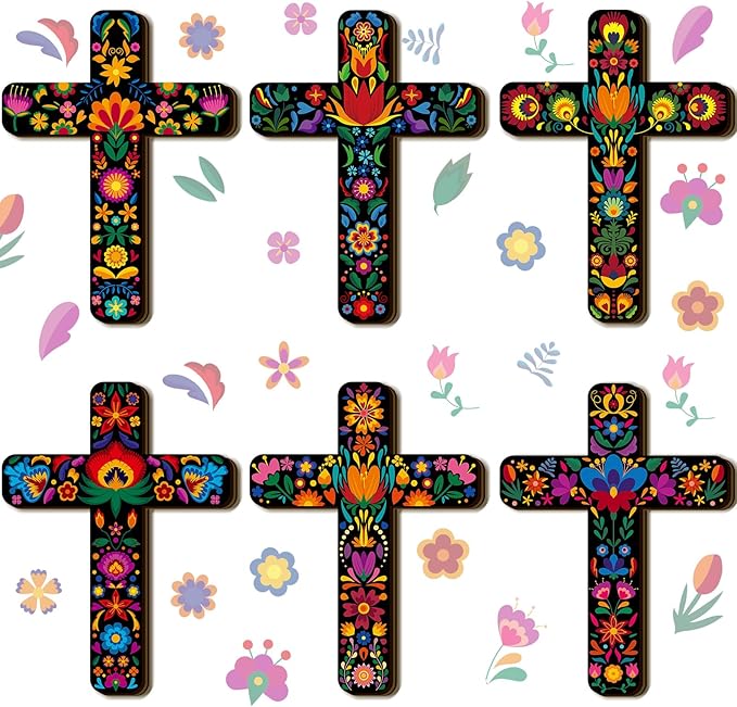 Soaoo 6 Pcs Floral Cross Wall Decor Mexican Home Decor Hand Painted Inspirational Wooden Cross The Ofrenda of The Dead Day Sugar Skull Wall Art Spanish Style Crucifix for Home Room Church Decoration - sugar skull canvas wall art