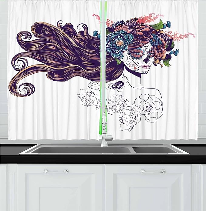 Lunarable Ethnic Kitchen Curtains, Traditional Sugar Skull Girl with Flower Wreath Mourning Festival Day, Window Drapes 2 Panel Set for Kitchen Cafe Decor, 55" x 30", Multicolor - sugar skull wreath for front door