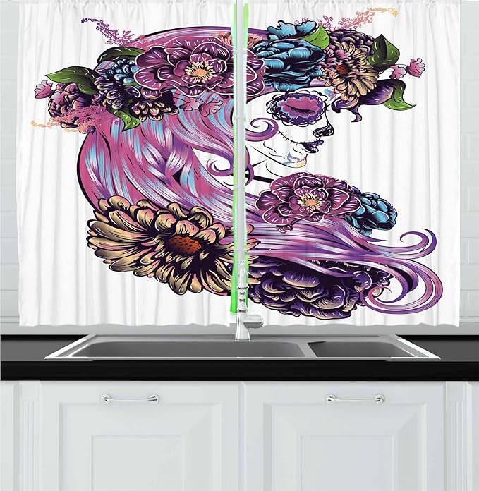 Lunarable Gothic Kitchen Curtains, Day of Dead Sugar Skull Girl in Flower Wreath Print Latin American Illustration, Window Drapes 2 Panel Set for Kitchen Cafe Decor, 55" x 24", Multicolor - sugar skull wreath for front door