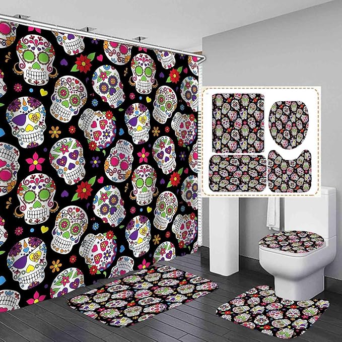Camille&Andrew 4PCS Sugar Skull Shower Curtain Set, Colorful Floral Skeleton Gothic Halloween Mexican Day of The Dead Bathroom Decor, Waterproof Fabric Shower Curtain, Non-Slip Bath Mat Toilet Rug - sugar skull shower curtain set
