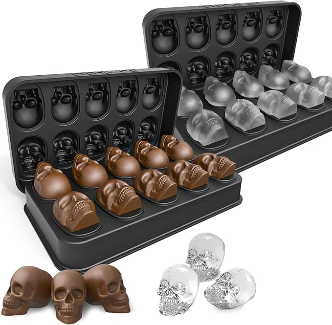 2pcs Ice Cube Skull Trays,Silicone Ice Cube Mold Maker with Lid,Skull Head Style Mold,for Chilling Whiskey, Cocktail, Beverages,Pudding Chocolate - sugar skull candle holder