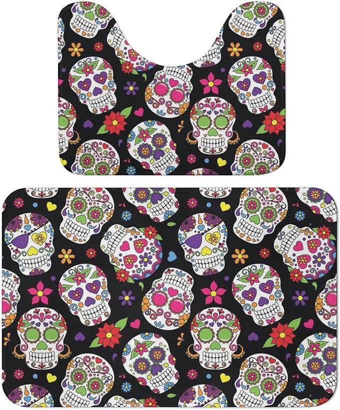 Bathroom Rug Set 2 Piece Day of The Dead Sugar Skull Bath Rugs and U-Shaped Contour Toilet Rug, Non-Slip Bath Carpet Bath Mats for Bathroom 15.7"x23.6" - sugar skull floor mat