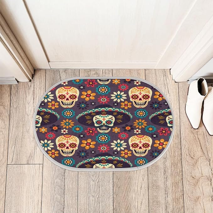 QsirBC Stylish Sugar Skull Floor Mat Super Absorbent Shaggy Oval Bath Rug Ultrasoft Plush Doormat Small Rugs for Bedroom Living Room Bathroom Entrance 15.7"x 23.6" Non Slip Door Mat - sugar skull floor mat
