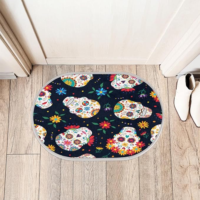 QsirBC Sugar Skull Floor Mat Super Absorbent Shaggy Oval Bath Rug Ultrasoft Plush Doormat Small Rugs for Bedroom Living Room Bathroom Entrance 15.7"x 23.6" Non Slip Door Mat - sugar skull floor mat
