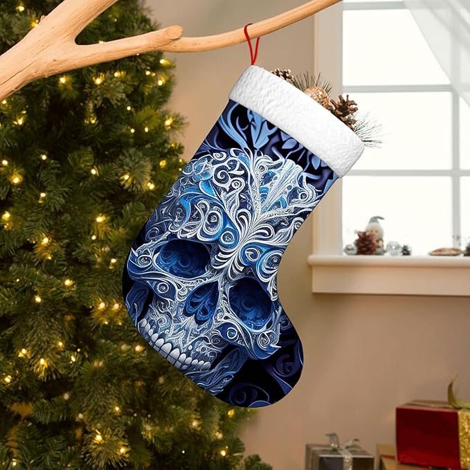 Christmas Stockings,Blue Sugar Skull Pattern，Xmas Stocking, Holiday and Family Stocking for Fireplace Christmas Holiday Party Decoration 18 Inches，Blue - sugar skull christmas decorations