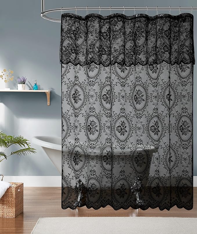 Shower Curtain with Black Valance. 72 Inch Goth Vintage Curtain Perfect for Gothic Bathroom. (SH Black-Black 72) - sugar skull shower curtain set