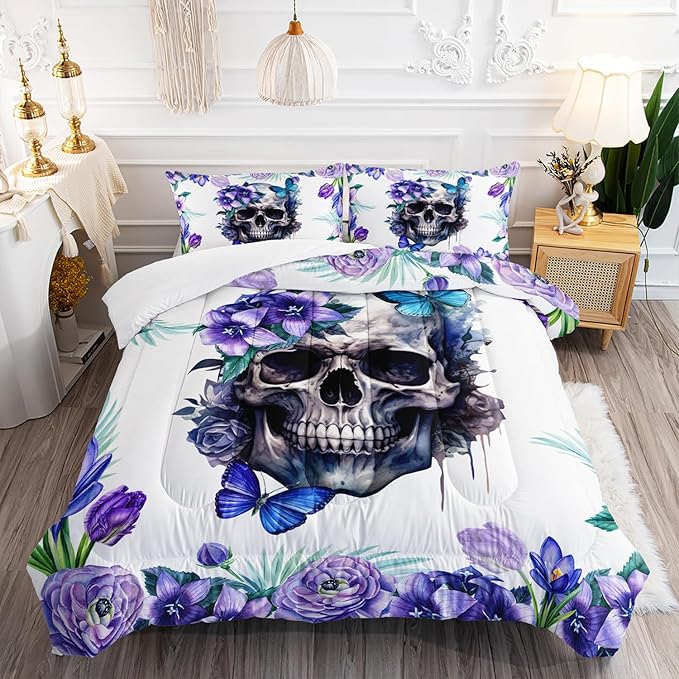 AILONEN Skull Bedding Sugar Skull Comforter Set,Purple Floral Bed in A Bag, Queen Size Comforter Skull Duvet Set for Boys Girls Room Decor, 1 Quilt and 2 Pillowcases,3 Pieces - sugar skull bedding set