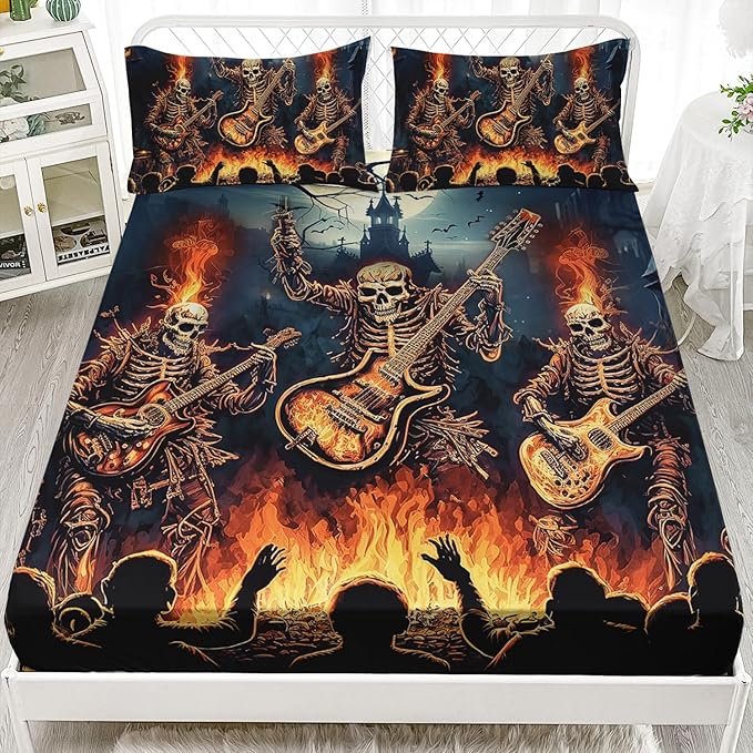 AILONEN Sugar Skull Fitted Sheet Queen Size, Guitar Rock Music Skull Bedding Set for Kids - 1 Fitted Sheet 2 Pillowcases, 3 PCS - sugar skull bedding set