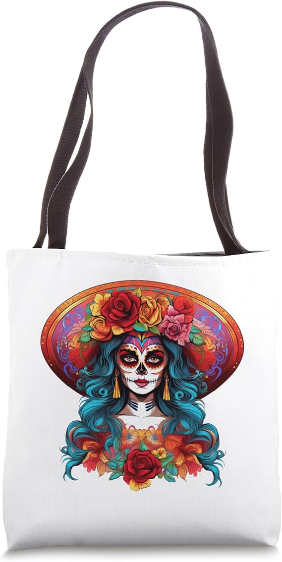 De Los Muertos La Catrina Sugar Skull Tote Bag - sugar skull handbags for sale