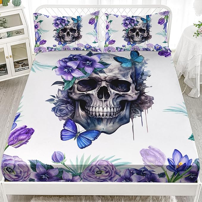AILONEN Sugar Skull Fitted Sheet Set Queen Size, Purple Floral Themed Bedding, Butterfly Skull Printed Bedsheet - 1 Fitted Sheet and 2 Pillowcases - sugar skull throw pillow