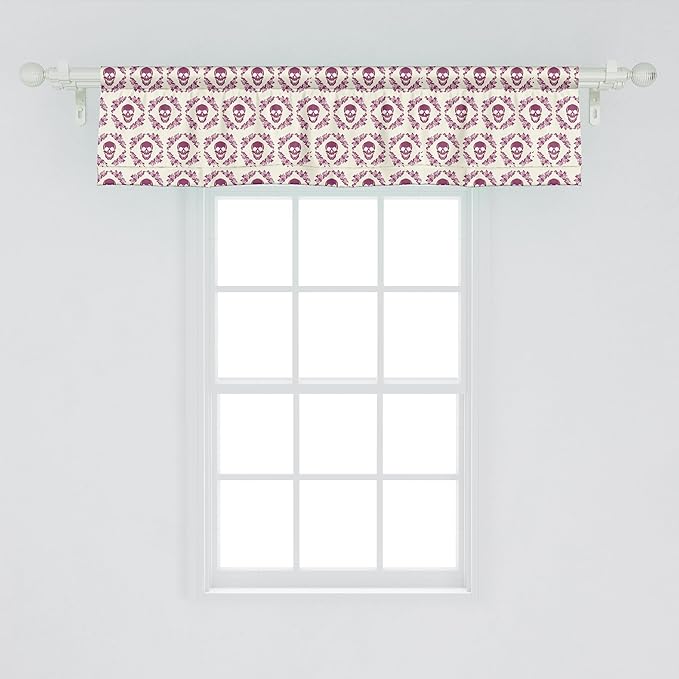 Ambesonne Sugar Skull Window Valance, Monochrome Style Calavera Inspired Surround by Circular Floral Wreath Print, Curtain Valance for Kitchen Bedroom Decor with Rod Pocket, 42" x 12", Fuchsia Cream - sugar skull wreath for front door