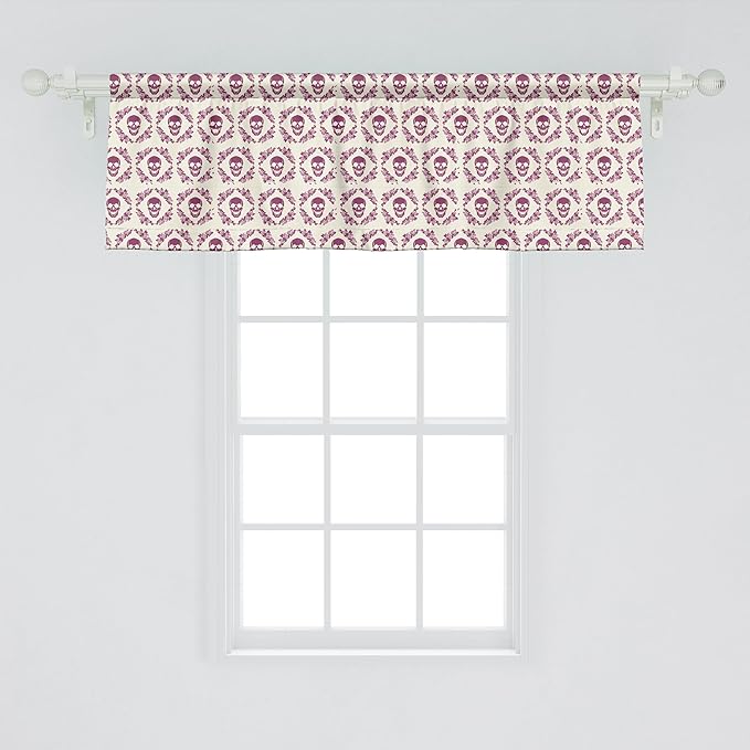 Ambesonne Sugar Skull Window Valance, Monochrome Style Calavera Inspired Surround by Circular Floral Wreath Print, Curtain Valance for Kitchen Bedroom Decor with Rod Pocket, 42" x 18", Fuchsia Cream - sugar skull wreath for front door