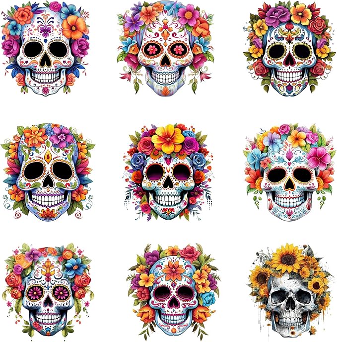 9pcs Sugar Flowers Skull Punk Patches for Clothes Heat Transfer Thermal Stickers DIY T Shirt Iron On for Women Fashion Appliqued - sugar skull christmas decorations
