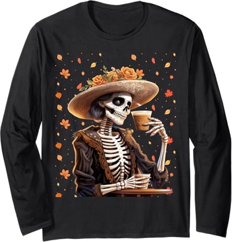 Mexican Sugar Skull La Catrina Drinking Coffee - sugar skull long sleeve shirt mens