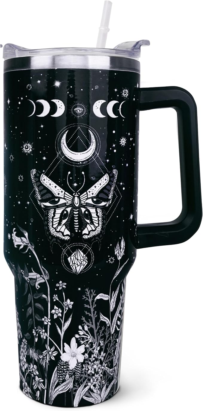 40 oz Goth Tumbler with Handle and Straw, Goth Gifts for Women, Reusable Stainless Steel Gothic Tumbler Leak Proof, Halloween Travel Coffee Mug, Witchy Gifts for Women - sugar skull tumbler with straw