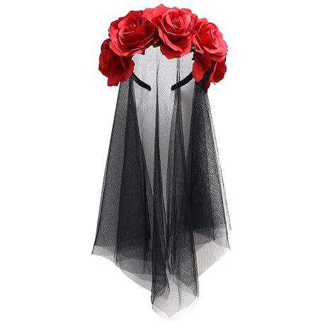 NODG Day of the Dead Headband, Retro mesh carnival head button, Halloween day rose flower party hair accessories headband black female - sugar skull flower crown