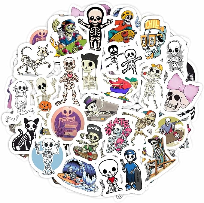 BulbaCraft 100Pcs Skeleton Stickers - Skeleton Party Decorations & Favors, Skull Stickers, Men - Spooky Halloween Decals Waterproof, Gifts for Women & Men - sugar skull vinyl sticker