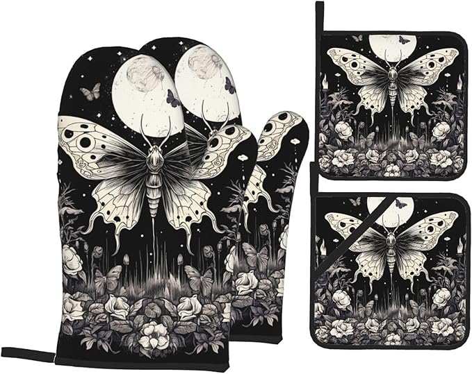 Skull Butterfly Gothic Oven Mitts and Pot Holders Sets Halloween Kitchen Oven Gloves Heat Resistant 500 Degrees Oven Mitt and Hot Pad for Cooking BBQ Baking Grilling - sugar skull oven mitts