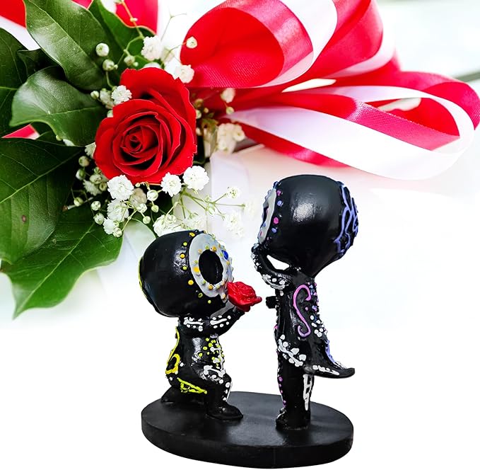 Sugar Skull Decor,Sugar Skull Couple Statue,Sugar Skull Figurine,Resin Crafts Cute Statue Skeleton Memorial Sculpture, Halloween Home Decor Collectible Figurines,Sugar Skull Gifts for Women (B) - sugar skull garden decor
