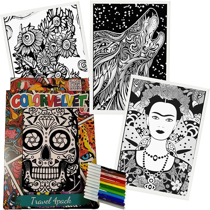 4 Pack Velvet Coloring Posters- Assorted- Arts & Craft Kit Includes a Wolf, Sugar Skull, Sunflowers, Frida Kahlo and 12 Felt Tip Markers- Ideal for Travel- Boys and Girls 3+ - sugar skull poster print