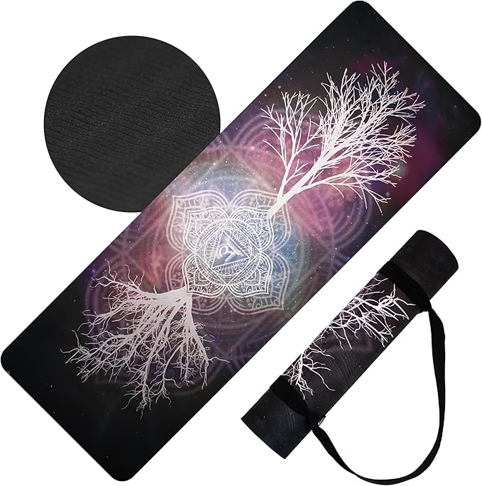 𝑯𝑰𝑮𝑯𝑻𝑶𝑷 Vegan Suede Yoga Mat – Tree of Life/Root Chakra Design, Extra Thick 1/4” (6mm), Sweat-Grip Surface – Perfect for Yoga, Hot Yoga, Pilates & Sweaty Workouts - Free Strap Included - sugar skull yoga mat