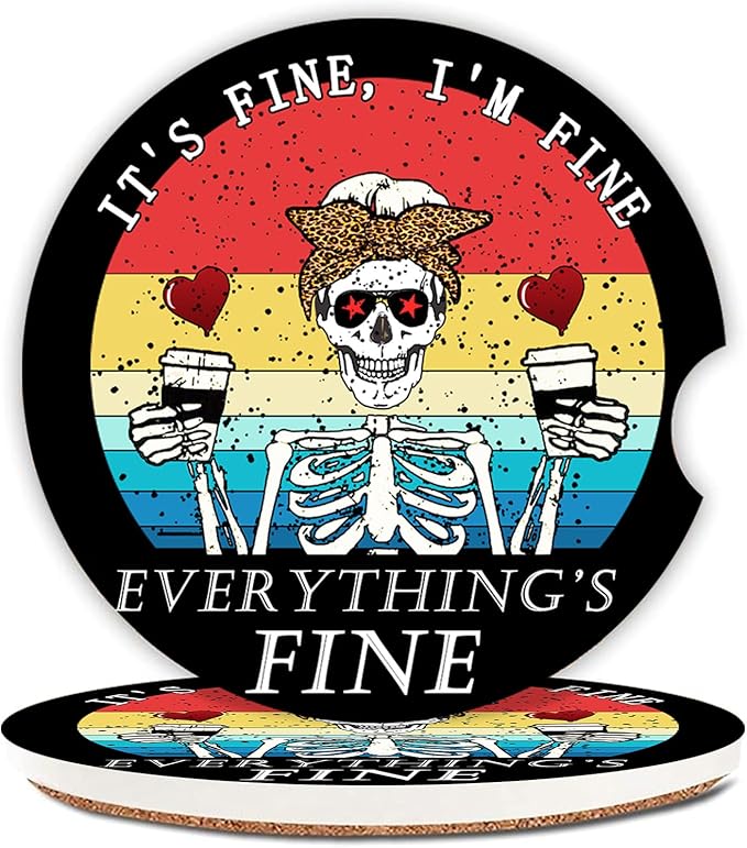 Funny Skull with Coffee Ceramic Cup Holders Car Coasters Set for Women/Men,2.56" 2 Pack for Absorbent Cup Car Holders, Coasters with A Finger Notch - sugar skull coasters set