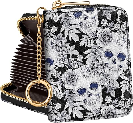 Credit Card Holder for Women Cute Small for Ladies Teen Girls Female Rfid Leather Cardholder Wallets with Keychain Accordion Organizer Purse Skull and Flower Girly Aesthetic Print Unique Zipper - sugar skull wallets for women