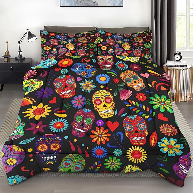 Comforter Set Full Size, Dead Sugar Skull Mexican Soft 3 Pcs Bedding for Kids and Adults, Aztec Flower Comforter Set with 2 Pillowcases, for Bedroom Bed Decor - sugar skull bedding set