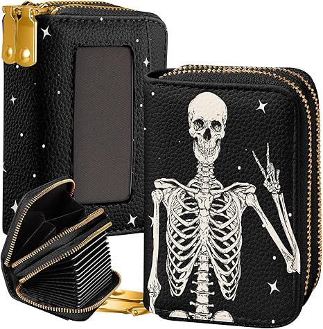 Credit Card Holder for Women - RFID Women Wallet Leather Card Wallet for Ladies Girls Female Aesthetic Cute Wallet with Card Slots Coin Cash Zipper Purse & ID Window, Yes Skull - sugar skull wallets for women
