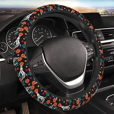 Mexican Sugar Skull Skeleton Hand Flower Steering Wheel Cover for Women Men Girls Car Accessories Decor Anti-Slip Neoprene Auto Steering Wheel Covers Protector Universal 15 Inch - sugar skull car floor mats