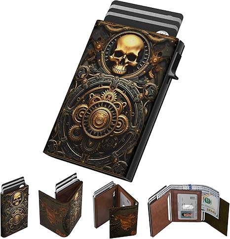 Mens Wallet Card Holder: Pop Up Aluminum Case, Carbon Fiber Leather, Smart, RFID Blocking, Slim, Minimalist, Front Pocket - 9-14 Card Capacity | ID Window | Cash Slot (Skull) - sugar skull wallets for women