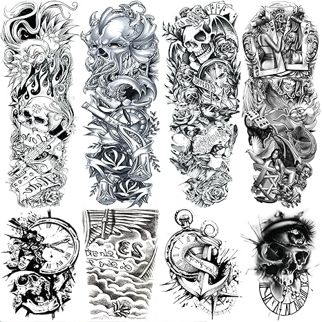 Pirate Skull Temporary Tattoo Sleeves for Men, 4-Sheet Full Arm Large Flower Skeleton Octopus Fake Tattoo Sleeve Adult Women and 4-Sheet Black 3D Anchor Clock Eye Half Temp Tatoo Sticker Leg Body Art - sugar skull temporary tattoo