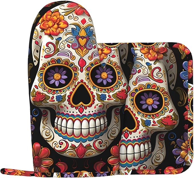 Sugar Skulls Oven Mitts and Pot Holders Set 2Pcs Heat Resistant Oven Gloves Hot Pads Silicone Kitchen Mitts Potholders for Cooking Baking Grilling - sugar skull oven mitts