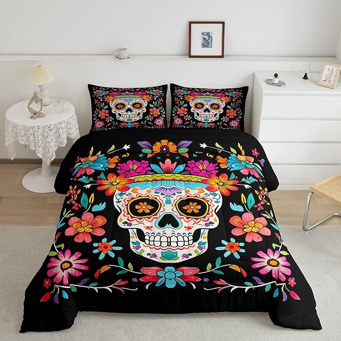 Sugar Skull Comforter Set Full Size,Colorful Vintage Floral Bedding Set Hippie Mexico Style Quilt Set for Kids Girls Boys Teens Room Decor,Gothic Skeleton Pattern Duvet Insert,2 Pillowcases - sugar skull bedding set