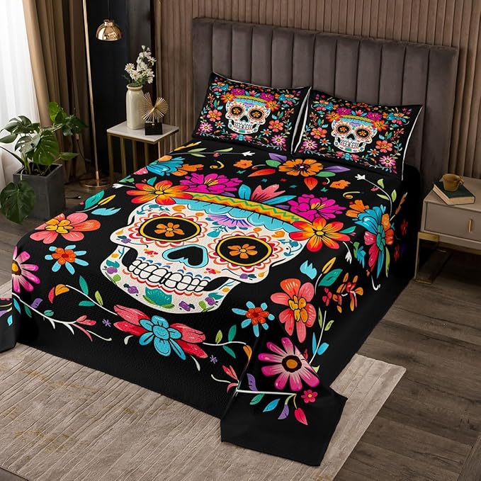 Sugar Skull Bedspread Queen Size,Colorful Vintage Floral Bedding Set Hippie Mexico Style Comforter Set for Kids Girls Boys Teens Room Decor,Gothic Skeleton Pattern Quilt Set,2 Pillowcases - sugar skull bedding set