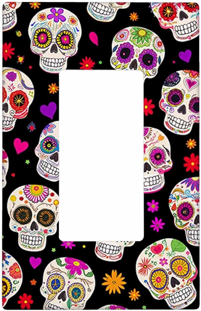 Moslion Halloween Sugar Skull Single Rocker Wall Plate Flower Skeleton Day Of The Dead 1-Gang Outlet Light Switch Covers Receptacle Bedroom Bathroom Home Decor - sugar skull beach towel