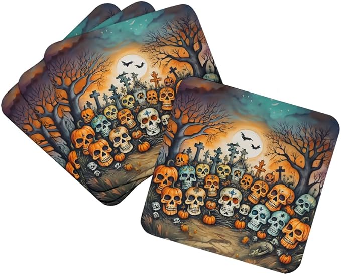 Caroline's Treasures DAC2231FC Calaveras Sugar Skulls Spooky Halloween Foam Coasters Set of 4 Cup Coasters for Indoor Outdoor, Tabletop Protection, Anti Slip, Mouse pad Material - sugar skull coasters set