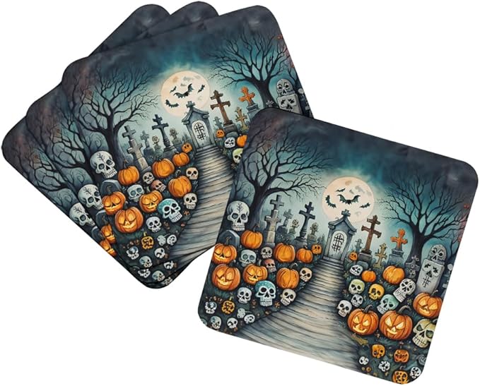 Caroline's Treasures DAC2233FC Calaveras Sugar Skulls Spooky Halloween Foam Coasters Set of 4 Cup Coasters for Indoor Outdoor, Tabletop Protection, Anti Slip, Mouse pad Material - sugar skull coasters set