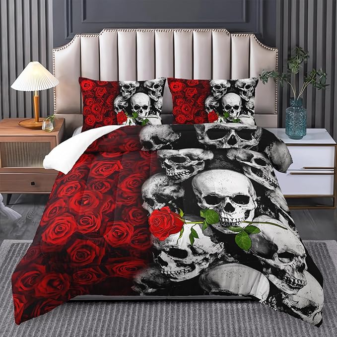 Gothic King Size Bedding Set with Skull & Rose Comforter, Black & Red Quilt - sugar skull bedding set
