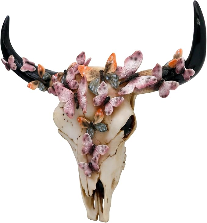 alikiki Faux Animal Cow Skull-Decor - Dream Butterfly Bull Head Wall Decor for Girls Western Bedroom Living-Room Wall Decor Home Boho Longhorn Steer Skull Wall Mount Hanging Sculpture - sugar skull canvas wall art