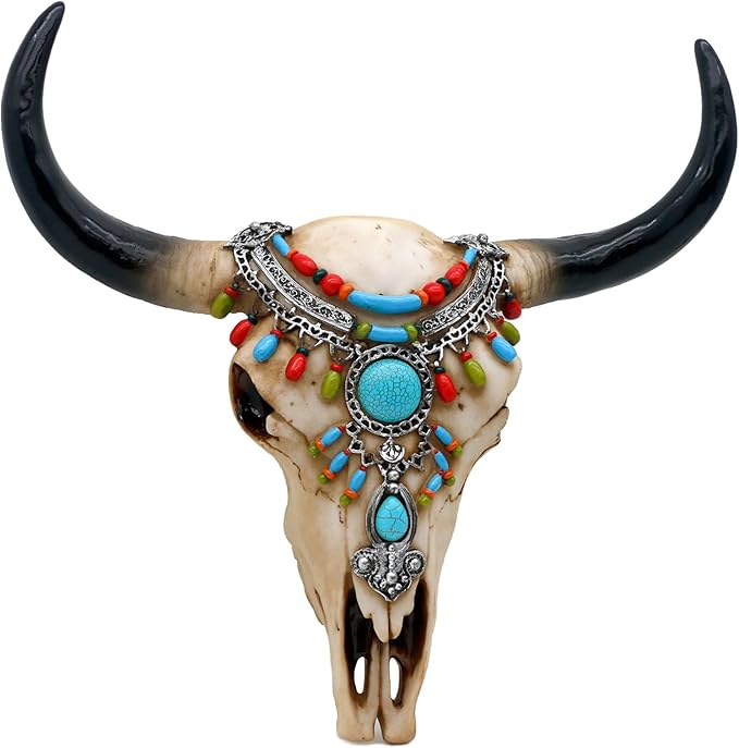 alikiki Southwest Cow Skull Wall Decor - Rustic Tribal Bull Skull Head with Turquoise Stone 3D Resin Long Horn Faux bison Steer Buffalo Wall Hanging for Home Office Room Wall Art Wall Ornament - sugar skull canvas wall art