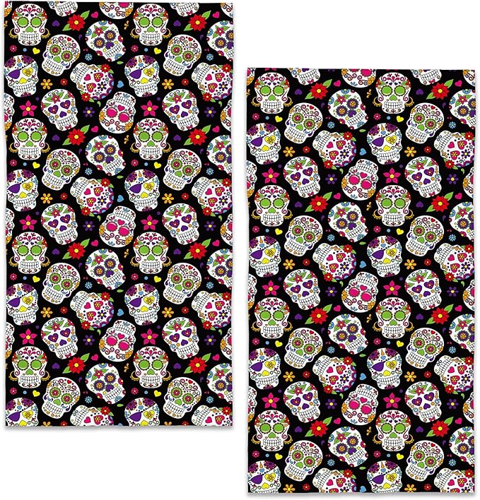 Halloween Sugar Skull Flowers Hand Towels for Bathroom, Day of The Dead Bath Towel Set of 2 Soft Kitchen Tea Dish Towels Decorative Fingertip Towels for Guest Gym Spa 14"x28" - sugar skull beach towel