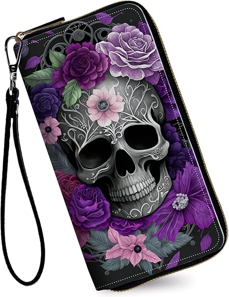 Women's Wallets,Credit Card Holder Money Leather Long Wallet with Wristlet,Large Capacity with Zip-Around Phone Purse for Women Ladies Girls,Purple Skull - sugar skull wallets for women