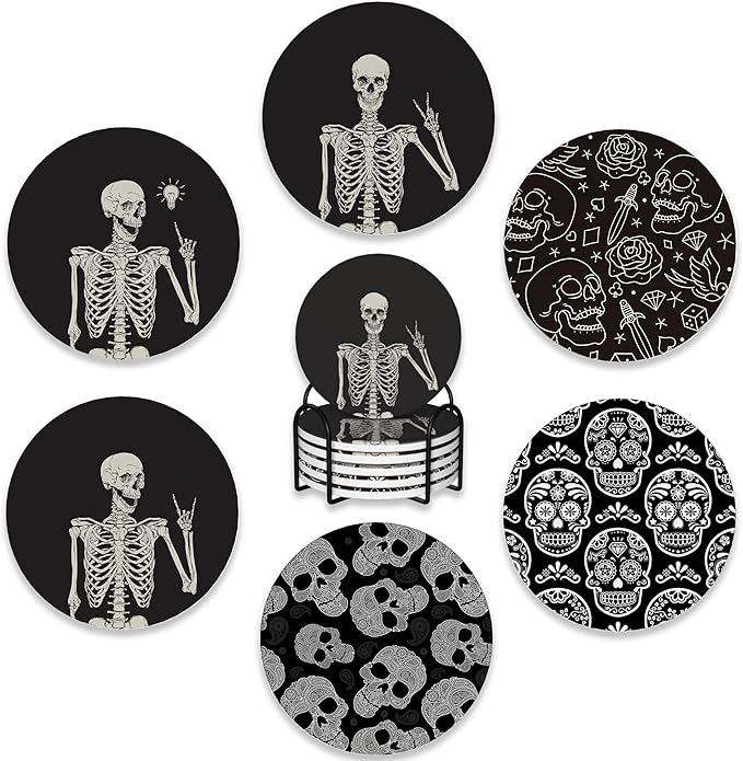 Drink Coasters Set of 6 with Holder,Human Skeleton Posing Skull Head Absorbent Ceramic Coasters with Cork Base,Fit All Cups,Tabletop Protection Mat for Mugs and Cups,Office,Kitchen - sugar skull coasters set