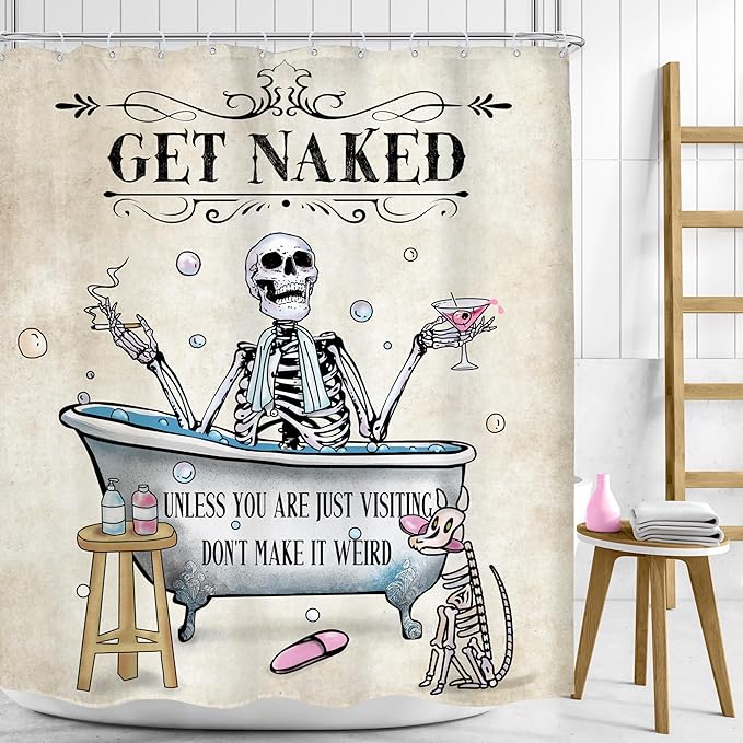 Funny Skull Skeleton Shower Curtain Gothic Spooky Cool Bone in Bathtub Bubbles Dog Fun Retro Horror Scary Halloween 60Wx72H Bathroom Decor Unique Bath Curtain Fabric Polyester 12 Pack Hooks - sugar skull shower curtain set