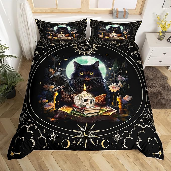 Trippy Cat Duvet Cover Set Full Size,Sun and Moon Kids Comforter Cover Gothic Sugar Skull Crow Print Bedding Set for Girls Boys Adult Room Decor,Exotic Daisy Floral Quilt Cover,2 Pillowcases,Black - sugar skull bedding set