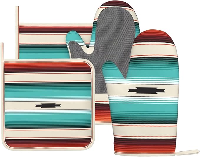 Mexican Serape Turquoise Oven Mitts Pot Holders Set Silicone Boho Ethnic Striped Kitchen Oven Mitts Heat Resistant Potholders Non-Slip 4pcs Hot Pads and Oven Gloves Sets for Cooking,Grilling - sugar skull oven mitts