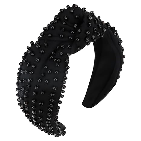 YISSION 1PC Pearl Knotted Headband for Women Non Slip Beaded Headband Wide Pearl Headbands for women Jeweled Embellished Hairband Black Head Band Hair Accessories for Women Girls - sugar skull flower crown