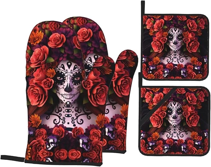 Day of The Dead Sugar Roses Skull Oven Mitts and Pot Holders Set of 4 - Heat Resistant Kitchen Gloves - Cute Oven Mitts and Hot Pads for Cooking Baking, Grilling - sugar skull oven mitts