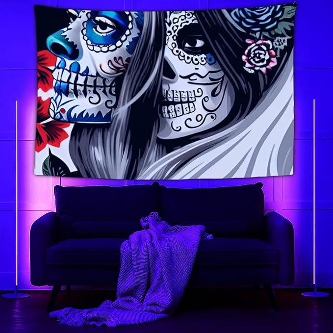 Hippie Hippy Wall Hanging Blacklight Tapestry Poster for Bedroom Living Room Dorm, Indoor And Outdoor - Mexican Sugar Skull Floral Women Day of The Dead Art Wall Tapestry Dorm Decor, 40x60 Inch - sugar skull poster print